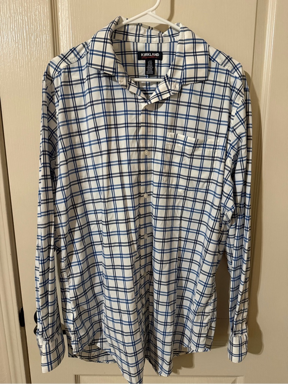 Kirkland Signature Men's White & Blue Plaid Button-Up Shirt